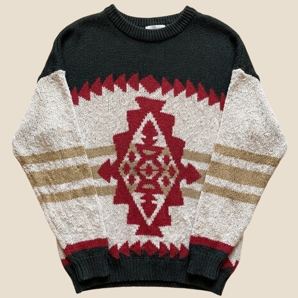 Adolfo Sweater Men Large Green Southwestern Aztec 100% Cotton Western Cabin Boho